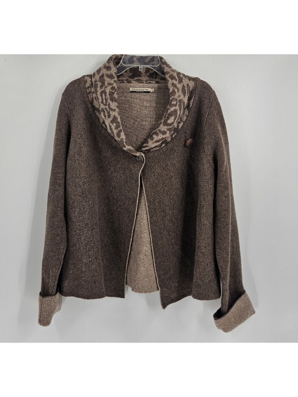 Chiaramente Italy Wool Blend Leopard Shawl Collar Cardigan Sweater Jacket L
